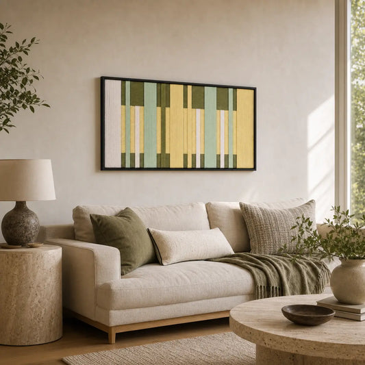The large framed Garden Interval wool tapestry hangs elegantly above a cozy cream sofa in a modern, neutral-toned living room.