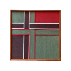 Studio product shot of the square framed fiber art, clearly showing the intersecting white lines and bold color block design on a white background.