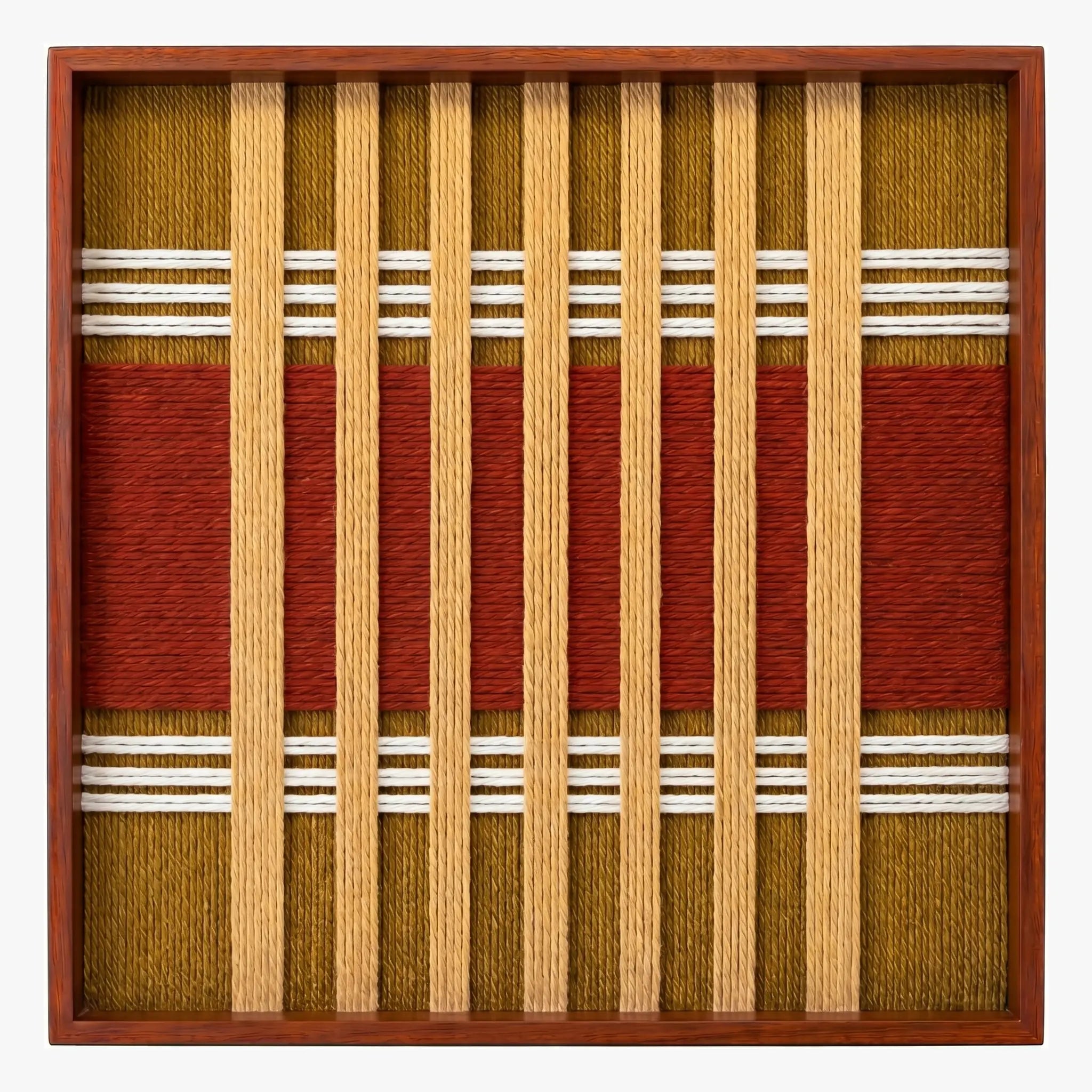 Frontal studio shot of the Gilded Coronation square hand-woven textile wall art featuring vertical rust and gold stripes in a warm wooden frame.