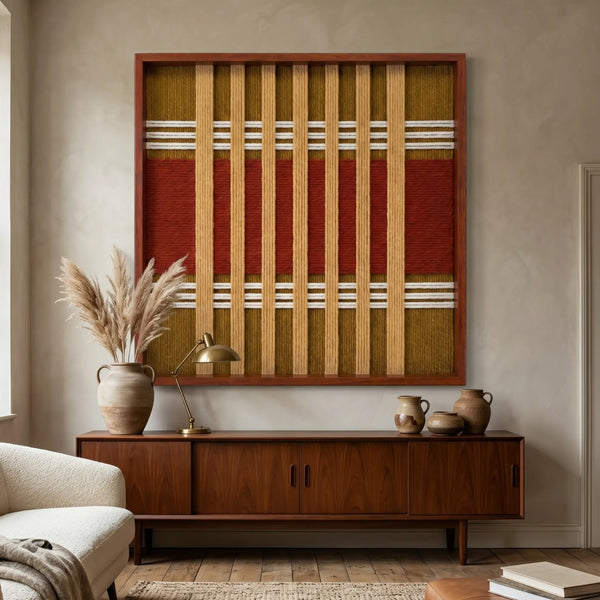 Large square Gilded Coronation hand-woven wall art hanging elegantly above a mid-century wooden credenza in a bright, modern living room.