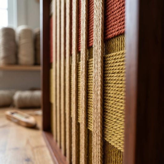 Angled side view of the framed Gilded Coronation hand-woven tapestry, showing the wooden frame depth and the dimensional weave of red and gold wool yarn.