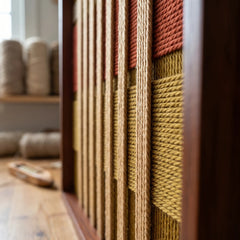 Angled side view of the framed Gilded Coronation hand-woven tapestry, showing the wooden frame depth and the dimensional weave of red and gold wool yarn.