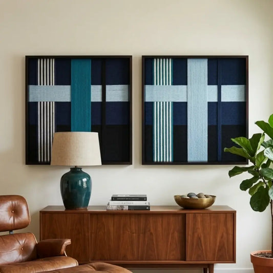 The Glacial Stationeries textile art duo styled beautifully above a dark wood mid-century sideboard with a lamp and decor in a sophisticated living room.