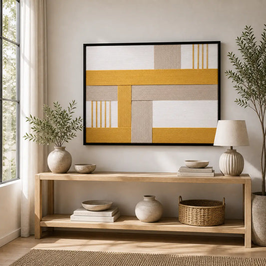 Framed Golden Interval hand-woven wall art displayed above a light wood console table in a serene, neutral-toned living room setting.
