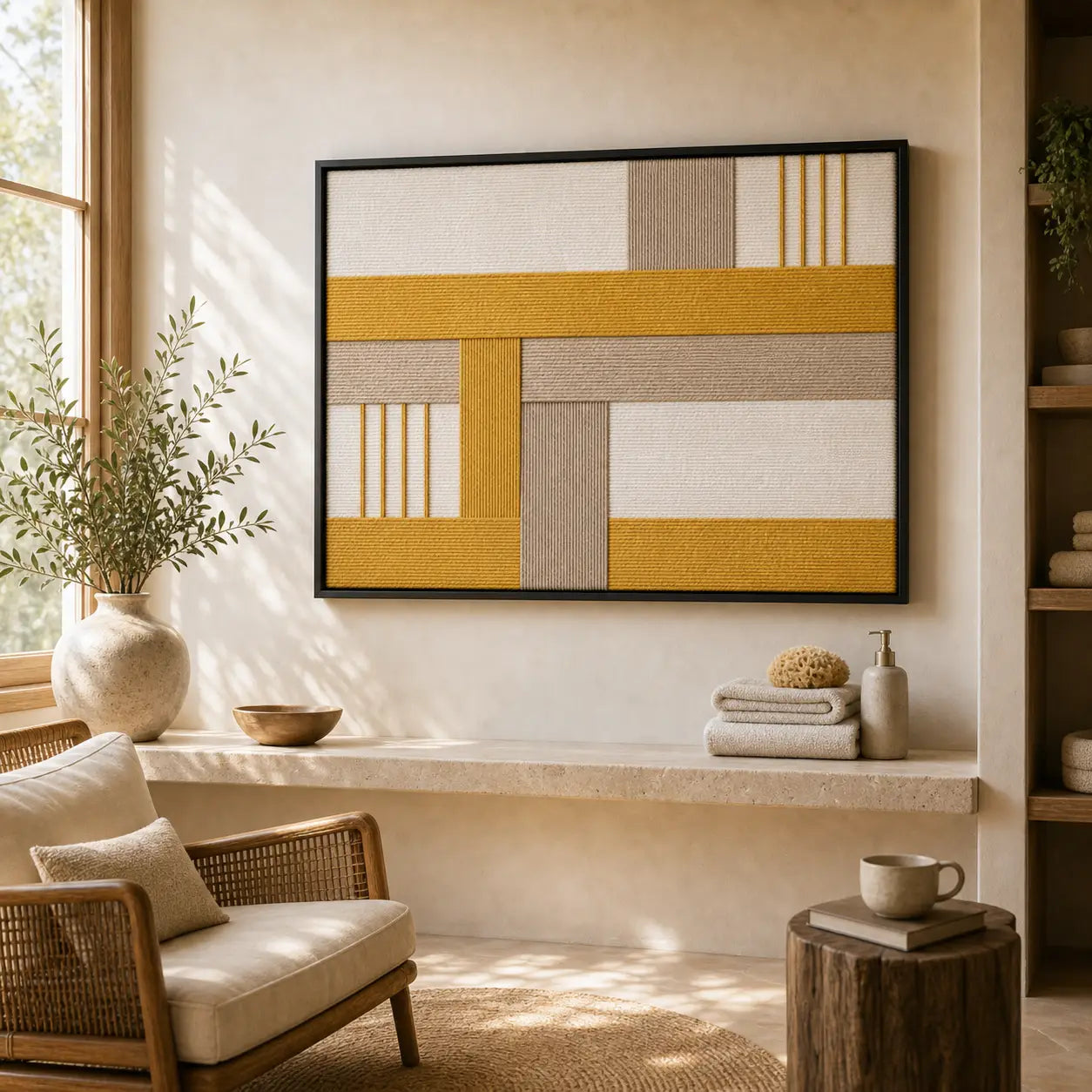Framed hand-woven wool tapestry styled in a sunlit lounge nook, positioned above a stone shelf next to a wooden armchair.