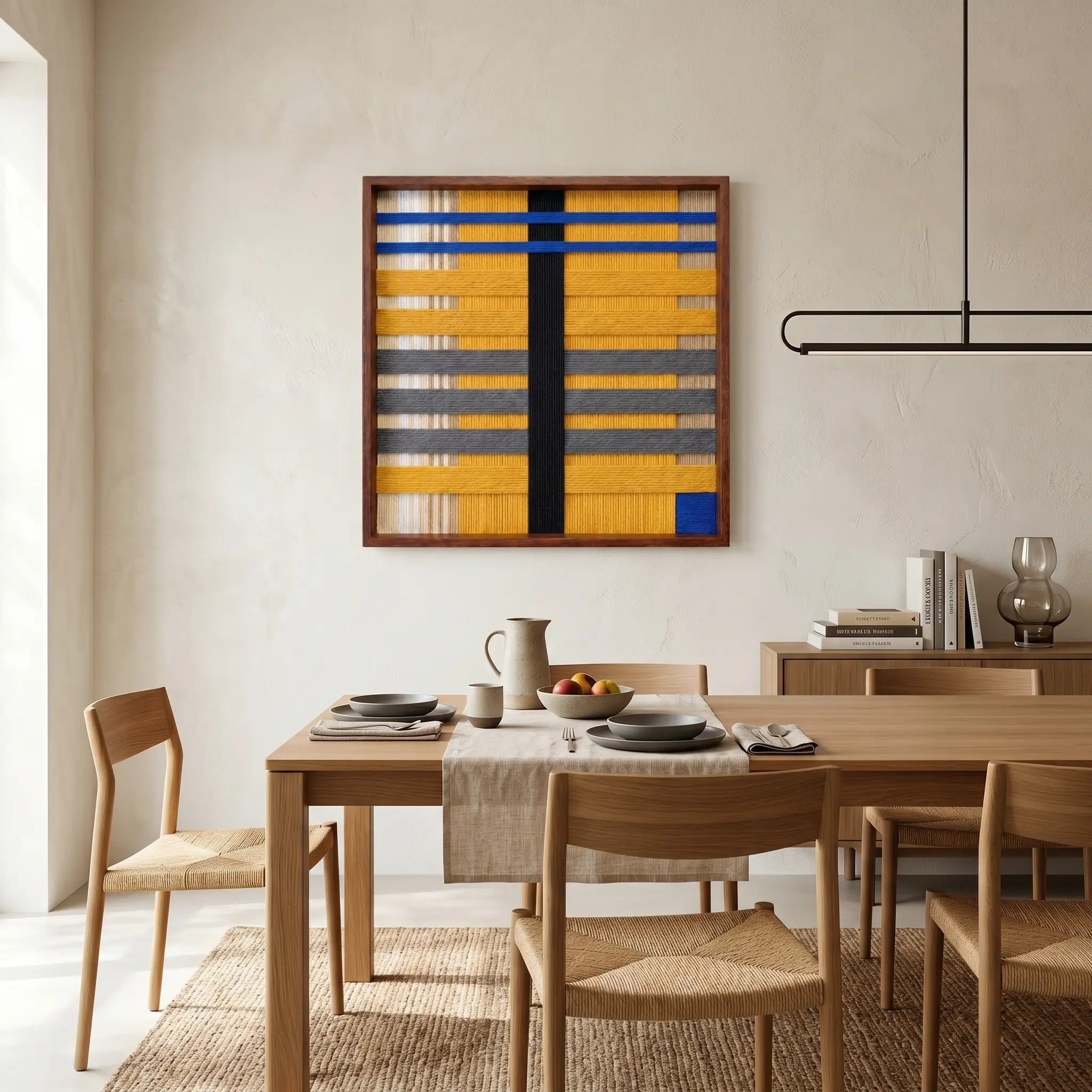 Golden Monsoon textured fiber wall art hanging above a light oak dining table in a bright, airy, modern dining space.