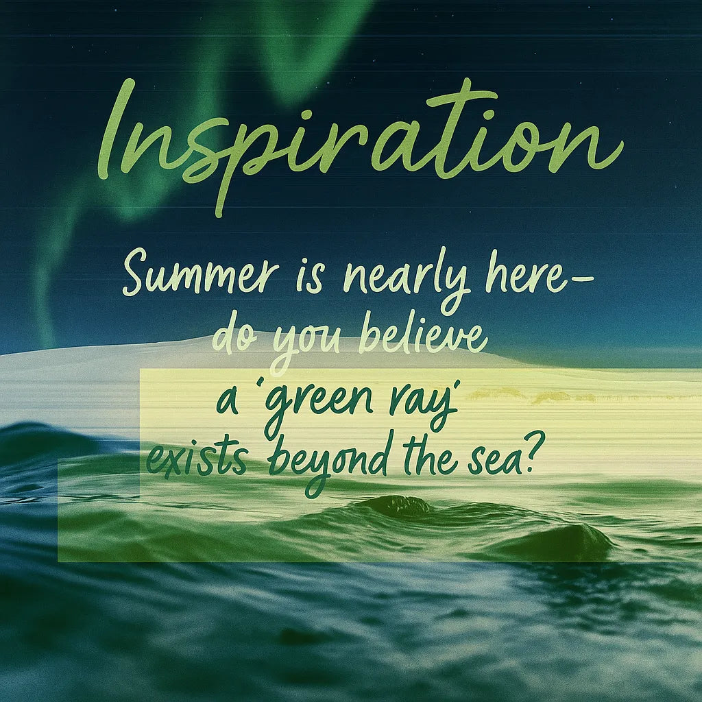 Inspiration graphic for Green Glow featuring a coastal grass motif and poetic quote “Summer is nearly home – a green glow beyond the sea” illustrating the design concept
