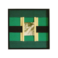 Front view of Green Glow yarn woven wall art on a plain white background, showing its exact square proportions and contrasting green stripe pattern
