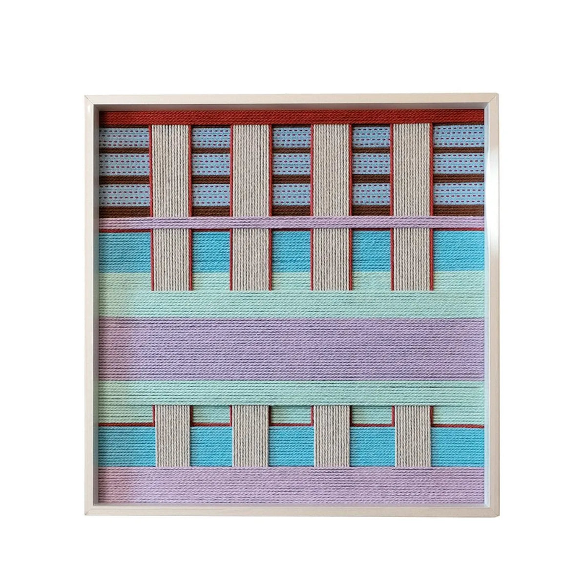 Front view of Hanosen Anji yarn woven wall art on plain white background, showing exact square proportions and clean pastel grid pattern
