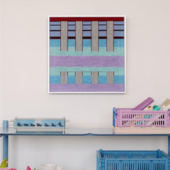 Hanosen Anji yarn wall art displayed on a shelf with minimal decor, showcasing its balanced pastel grid and wood frame contrast
