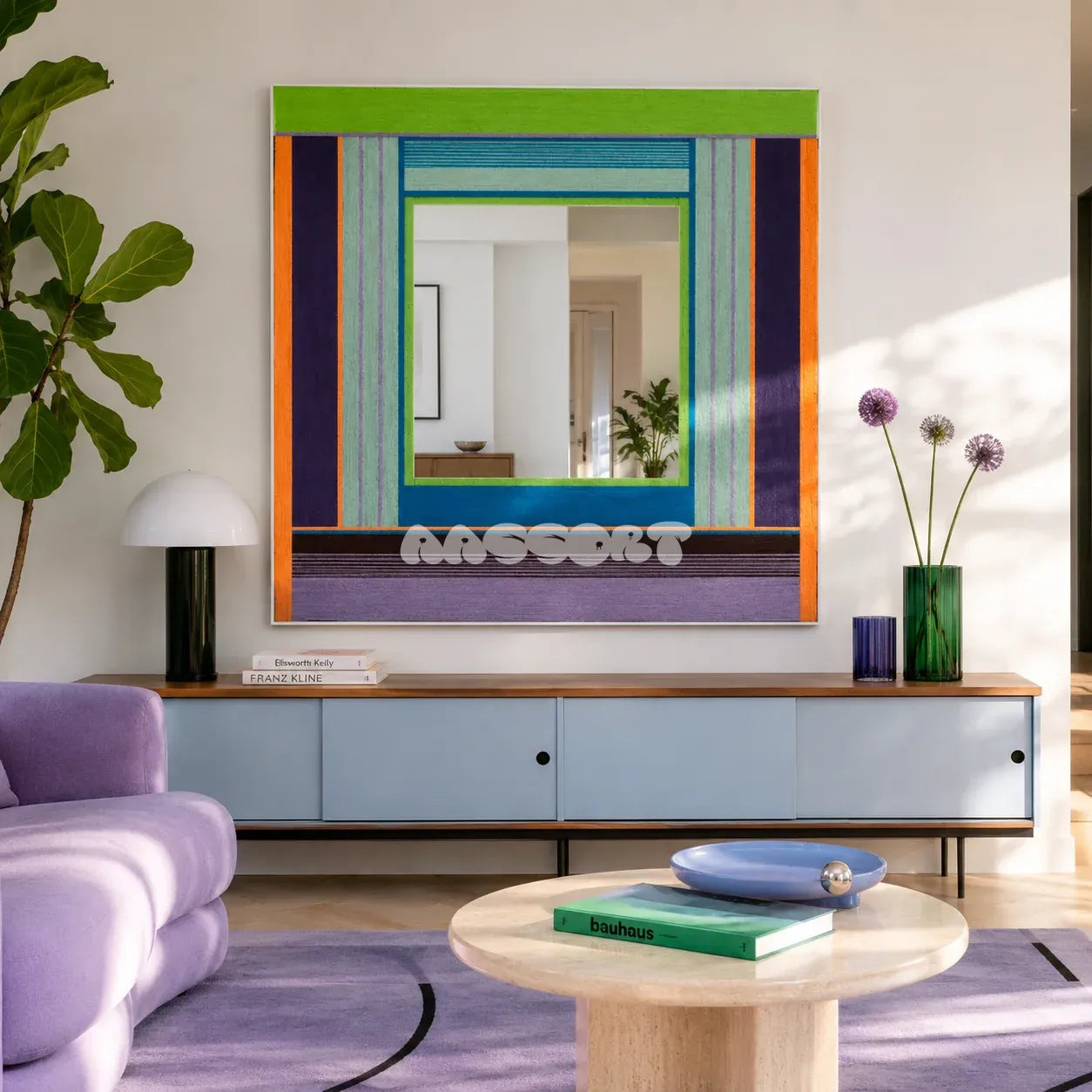 Hidden Forest green, purple, blue, and orange yarn-framed mirror displayed above a blue sideboard in a colorful modern living room.