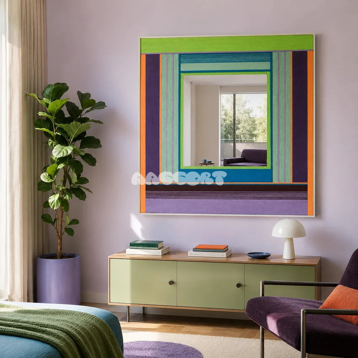 Hidden Forest colorful yarn-framed mirror displayed above a pale green sideboard in a sunlit modern bedroom.