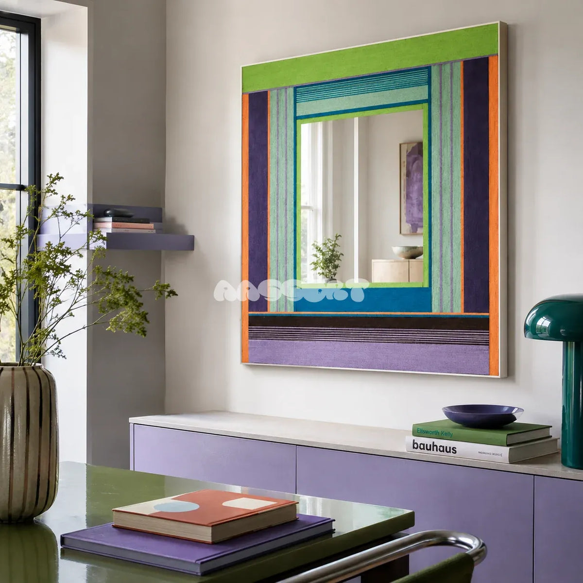 Hidden Forest colorful yarn-framed mirror displayed above a lavender cabinet in a bright modern home office.