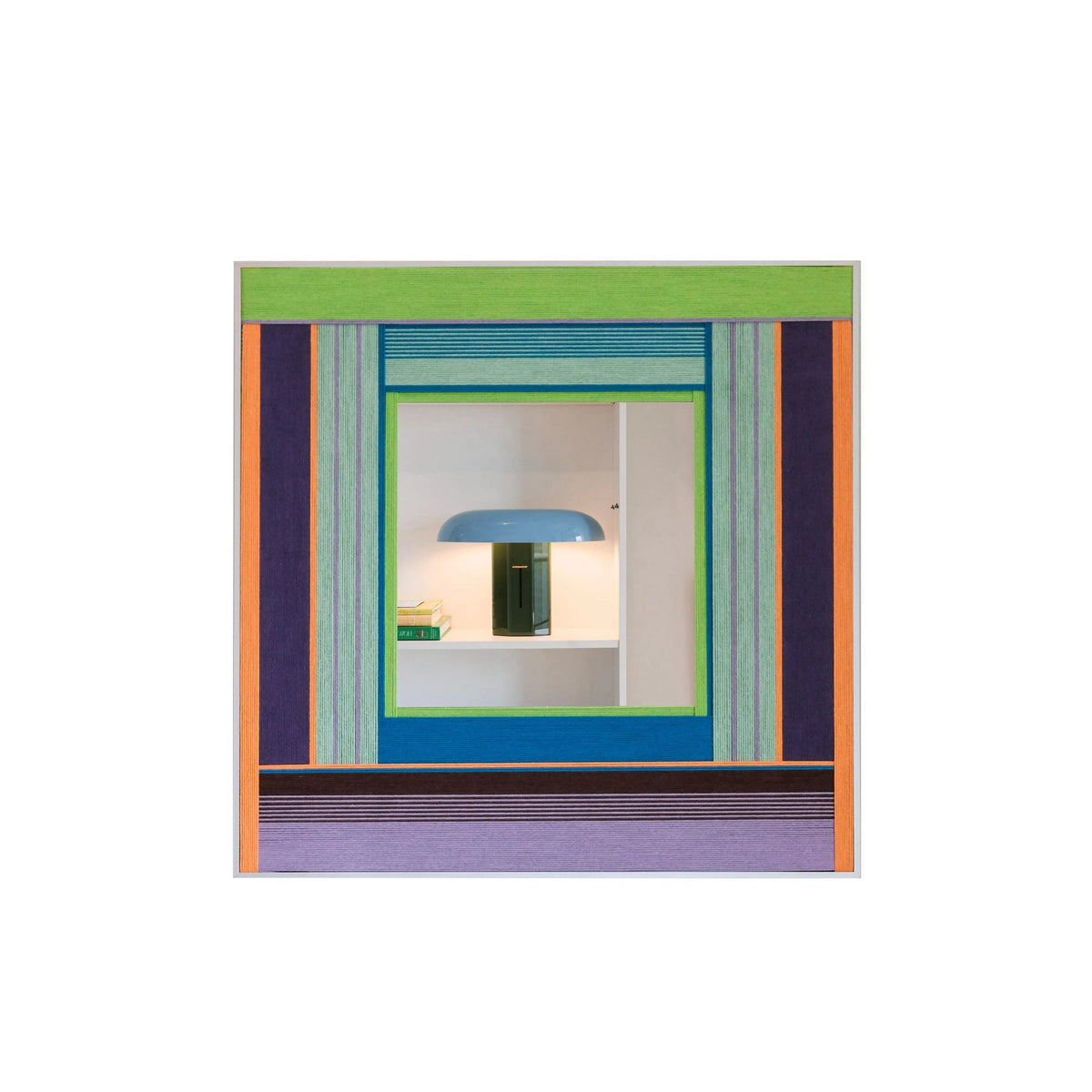 Picture hanging guide for Hidden Forest yarn mirror art detailing hook placement and installation steps for secure mounting.
