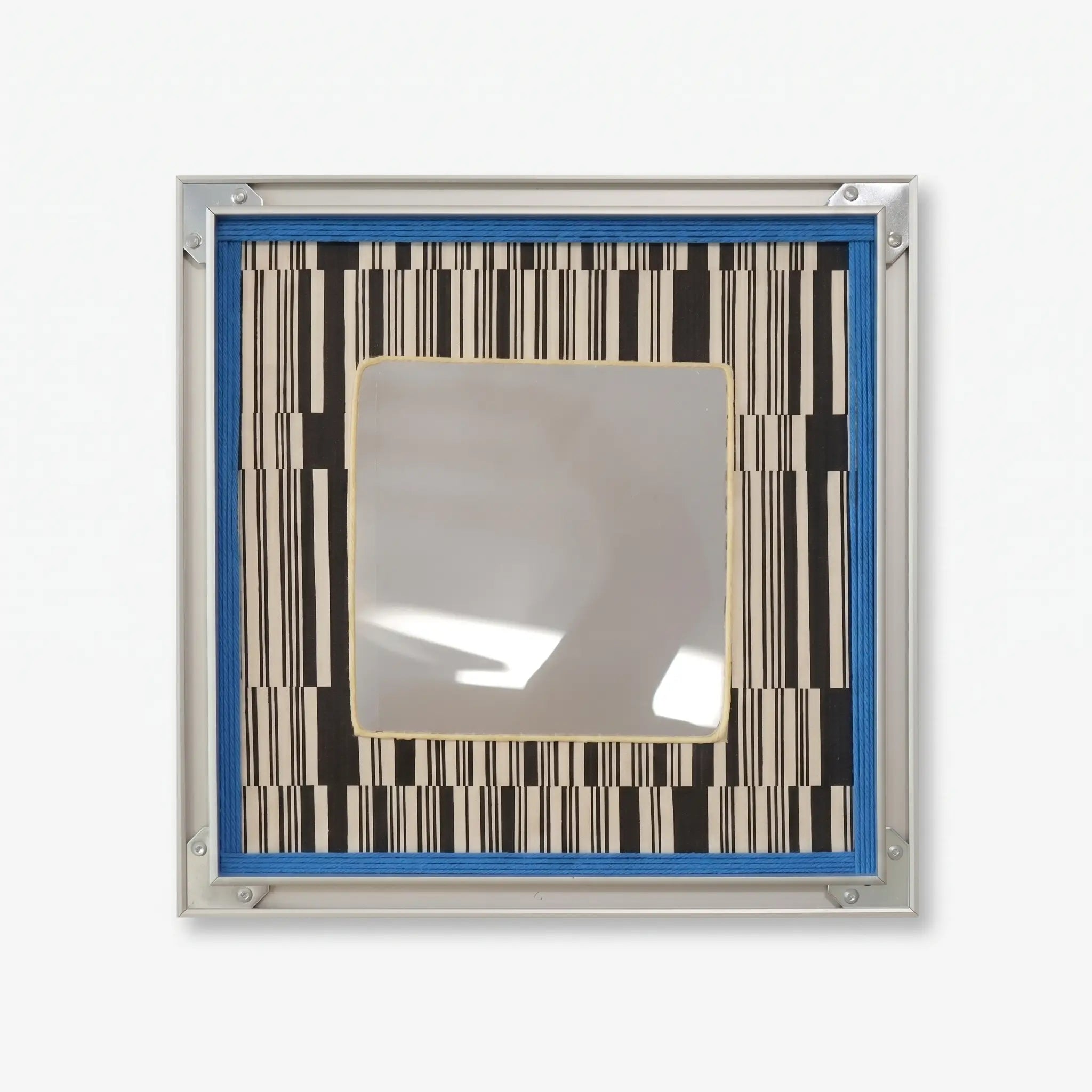 Front view of Inception SQ016 framed textile mirror art with blue yarn border and black-and-white pattern.