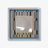 Front view of Inception SQ016 framed textile mirror art with blue yarn border and black-and-white pattern.