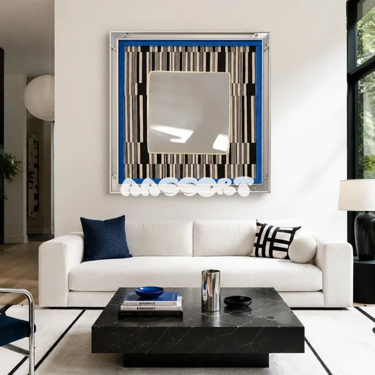 Inception SQ016 framed textile mirror art in a modern living room above a white sofa.