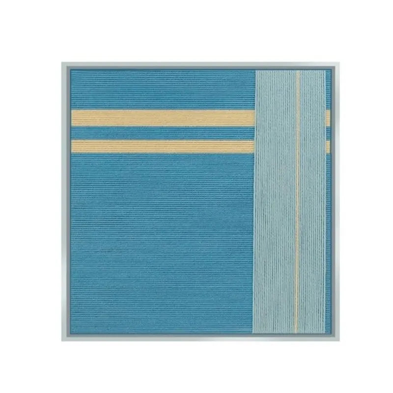 Front view of Infinite Serenity yarn woven wall art on a plain white background, showing its exact square proportions and harmonious blue-yellow stripe design
