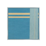 Front view of Infinite Serenity yarn woven wall art on a plain white background, showing its exact square proportions and harmonious blue-yellow stripe design
