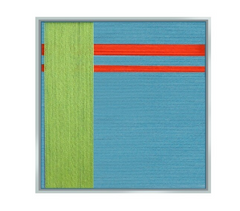 Macro close-up of Infinite Serenity yarn wall art revealing looped wool texture and subtle shade transitions between blue panels and yellow accent stripes
