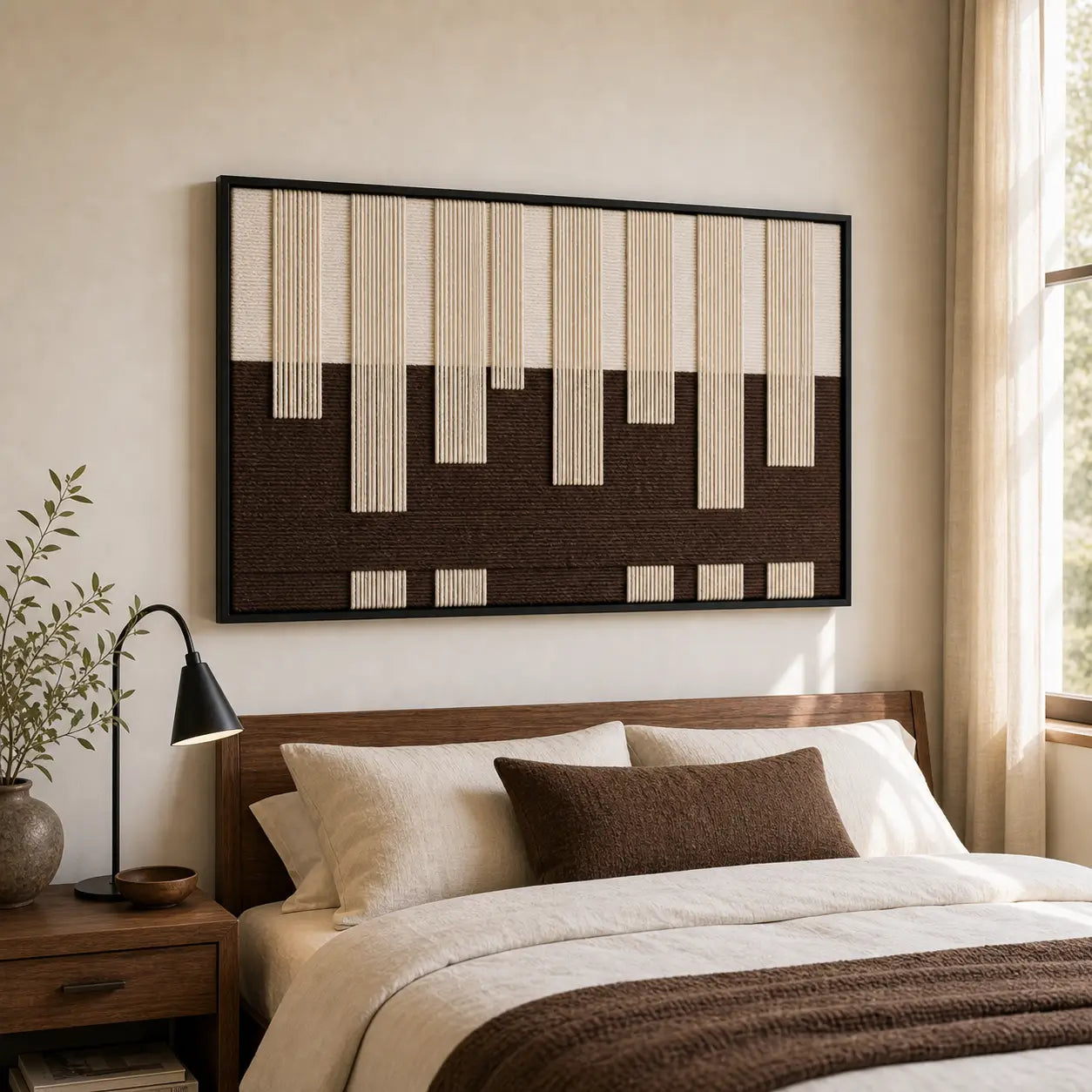 A beautiful hand-woven wool tapestry displayed beautifully above a styled bed with brown accents in a warm bedroom.