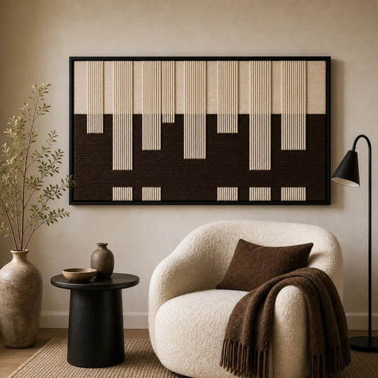Framed Ivory Loom hand-woven wall art styled in a cozy lounge nook next to a white armchair.