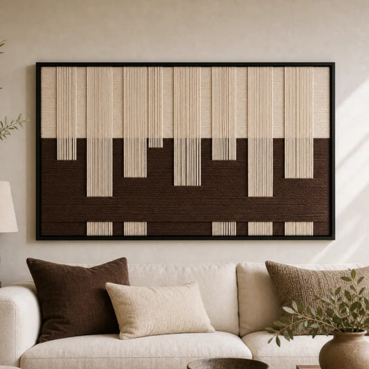 Large framed Ivory Loom hand-woven wall art hanging elegantly above a cozy cream sofa in a neutral living room.