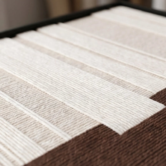 Angled macro close-up of the Ivory Rhythm hand-woven wool tapestry highlighting the thick, raised cream vertical yarn over a brown textured base.