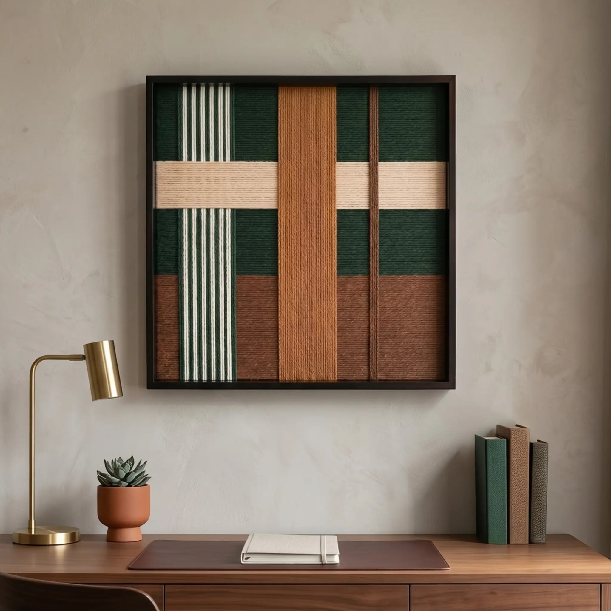 Sophisticated framed wool wall art hanging in a home office above a dark wood desk with a brass lamp and minimalist decor.