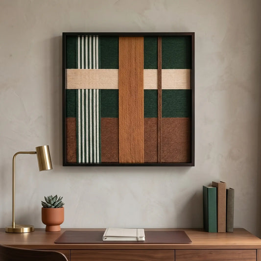 Sophisticated framed wool wall art hanging in a home office above a dark wood desk with a brass lamp and minimalist decor.