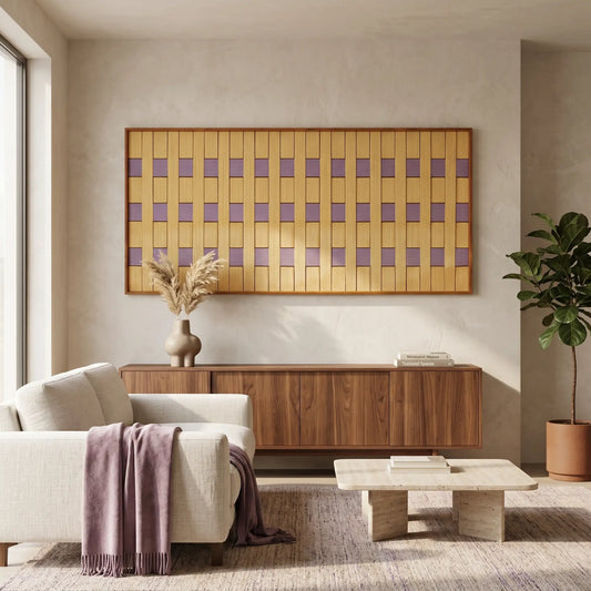 Large panoramic hand-woven wool tapestry displayed above a walnut sideboard in a modern, sunlit living room with neutral decor.