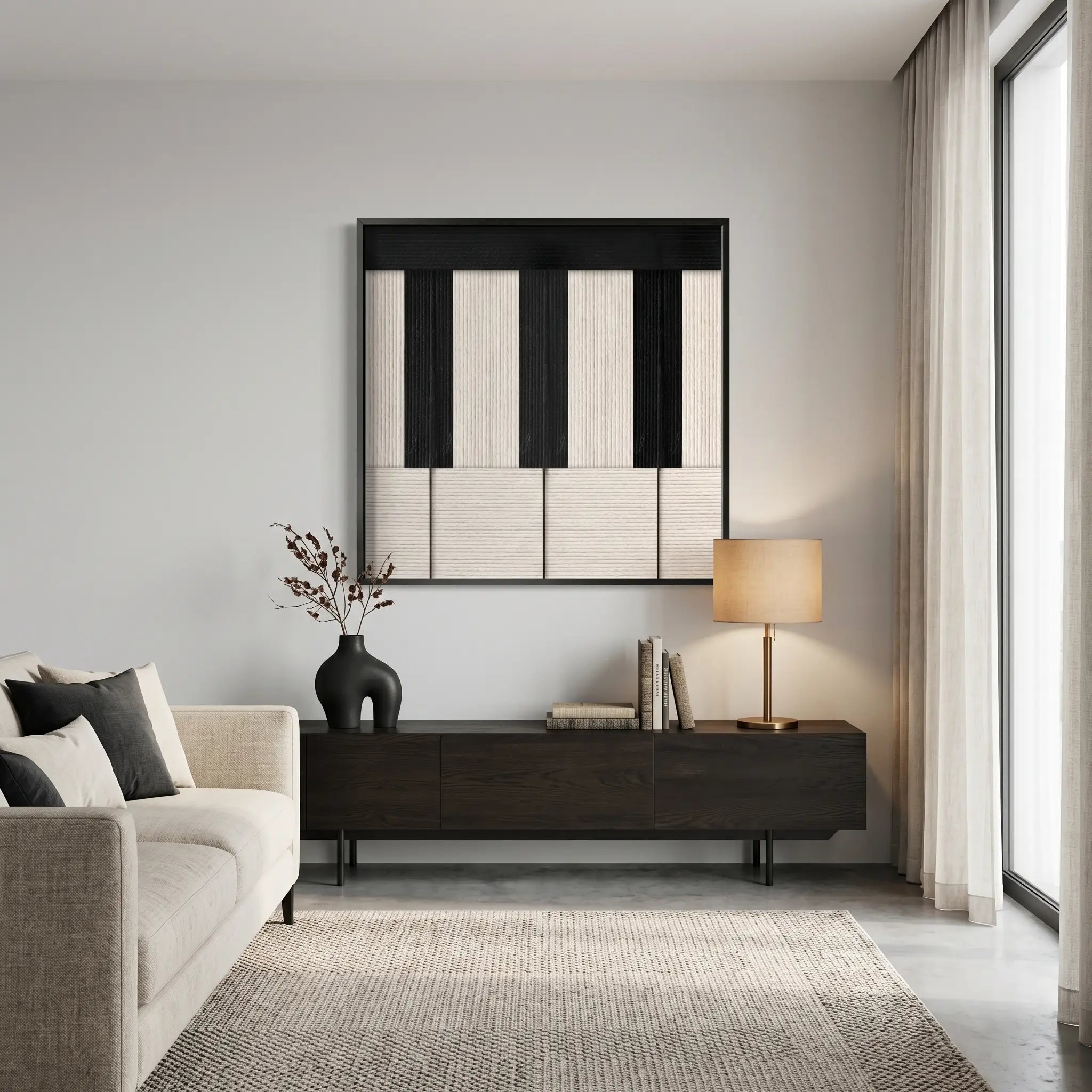 A framed Little Black Piano hand-woven wool tapestry hanging above a modern wooden sideboard in a bright, contemporary living room setting.