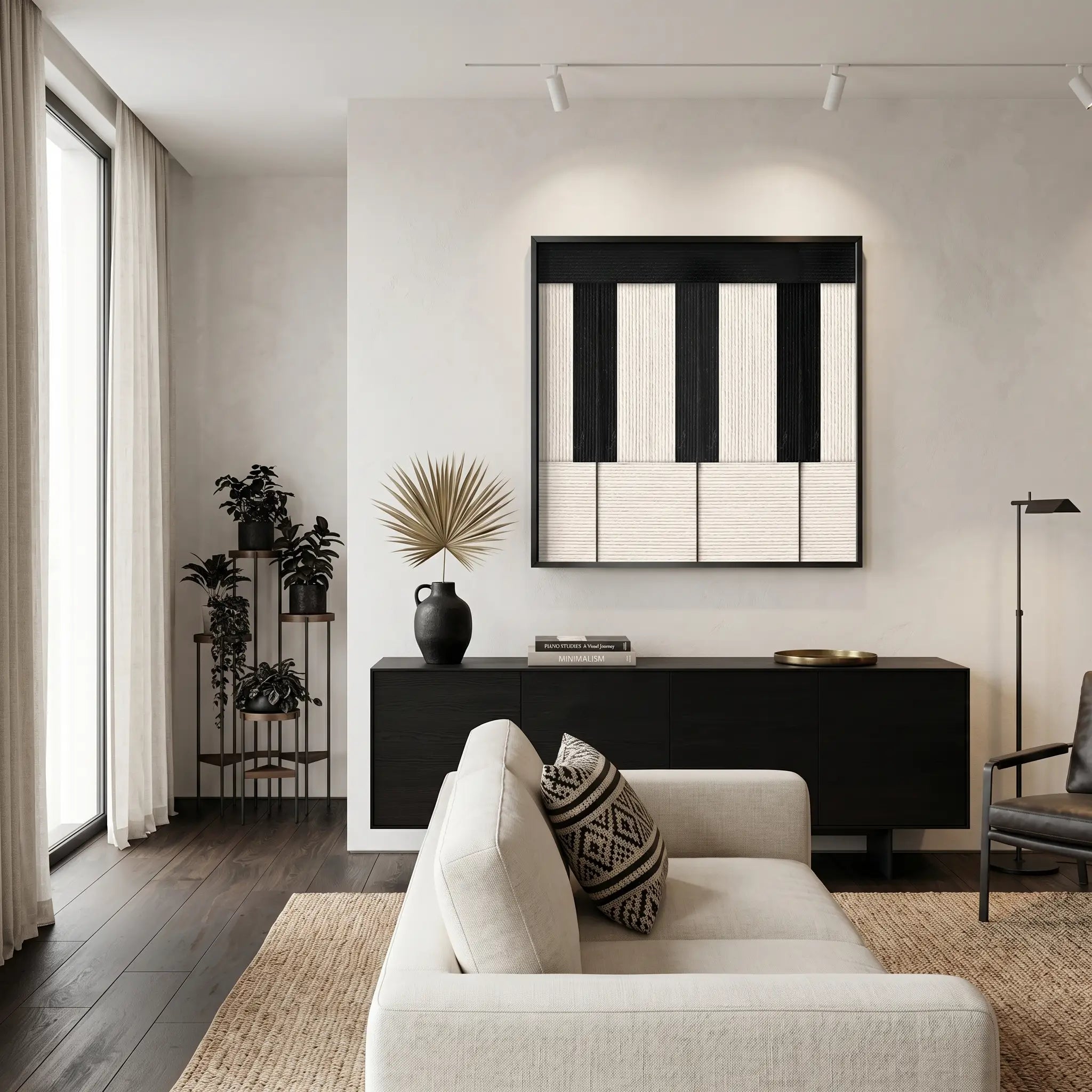 Sophisticated Little Black Piano hand-woven wool tapestry hanging above a black console table in a bright, stylishly decorated living room interior.