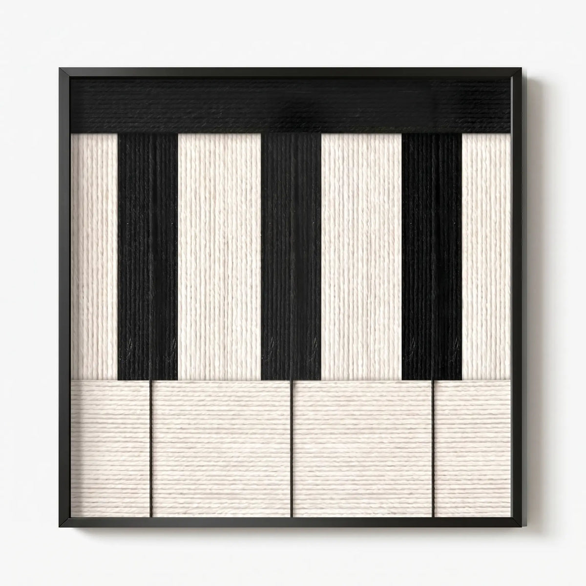 Frontal studio shot of the Little Black Piano square framed wall art featuring a minimalist black and cream geometric tapestry design.