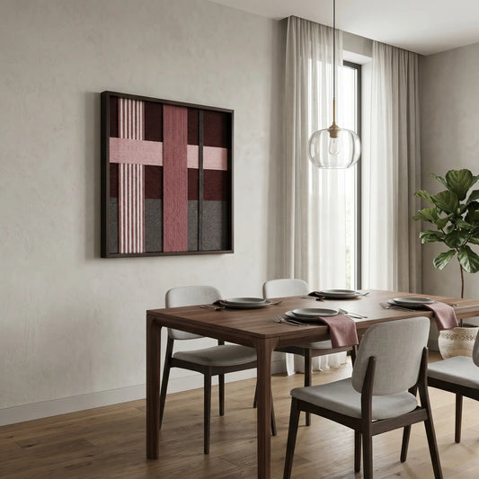 Square mauve and grey wool tapestry creating a focal point in a contemporary dining room with minimalist wooden furniture.