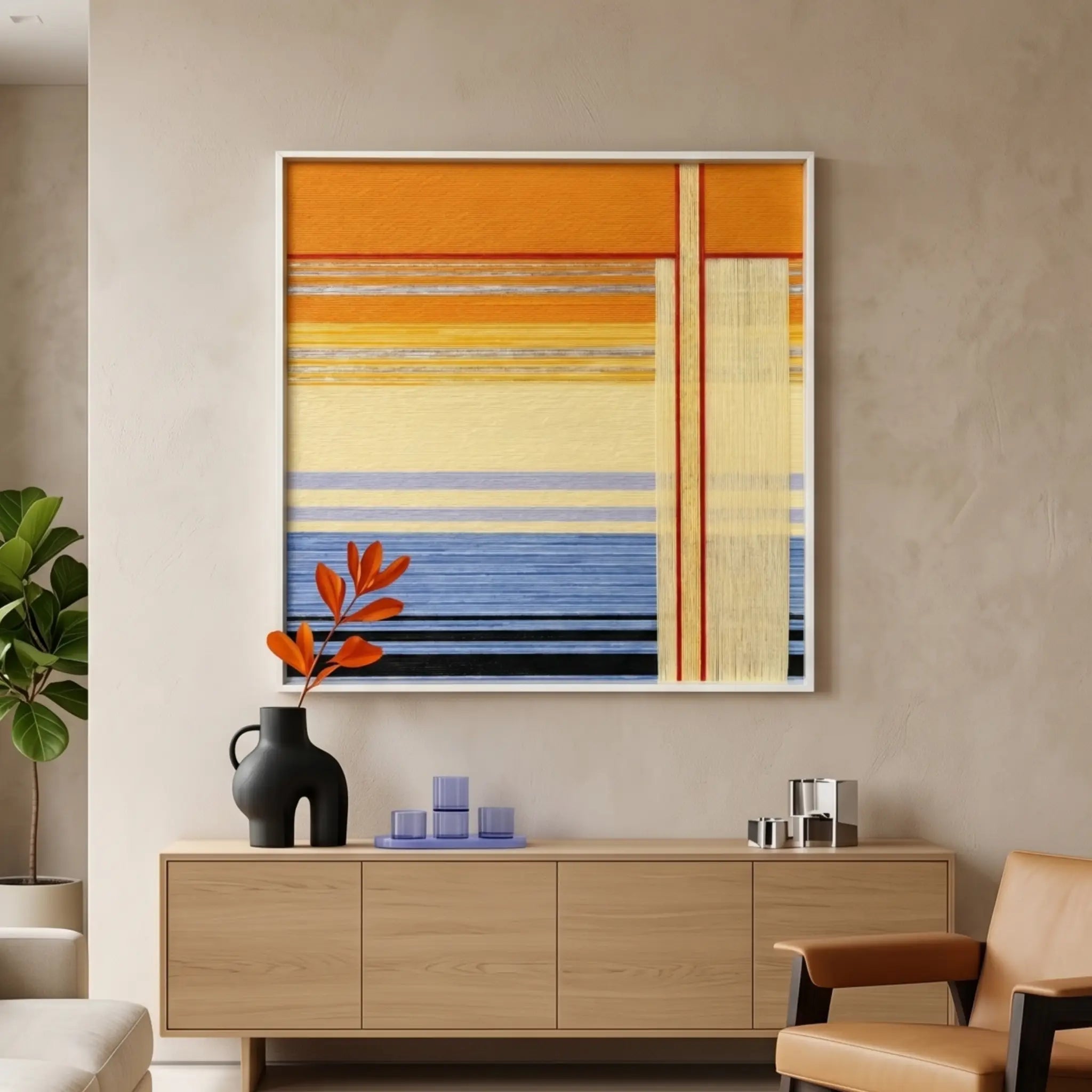 Hand-woven wool wall art with vibrant orange, yellow, and blue sunset stripes hanging above a light wood sideboard in a modern living room.