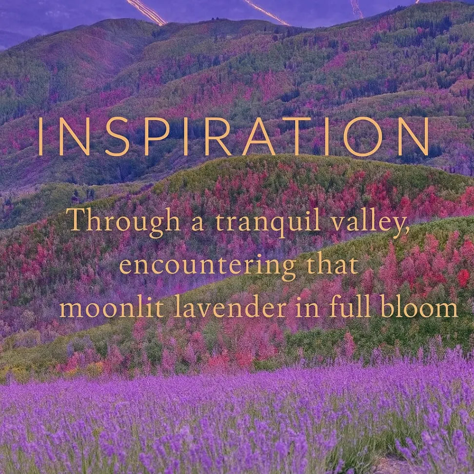 Inspiration graphic for Lover’s Moonlight Violet featuring a lavender field motif and poetic quote illustrating its romantic theme
