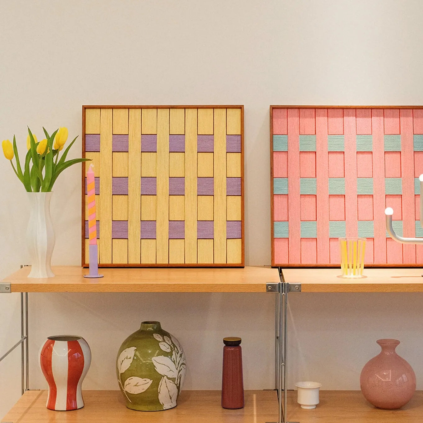 Lover’s Moonlight Violet yarn wall art paired with a complementary pastel variant, displayed on a shelf to showcase cohesive color harmony
