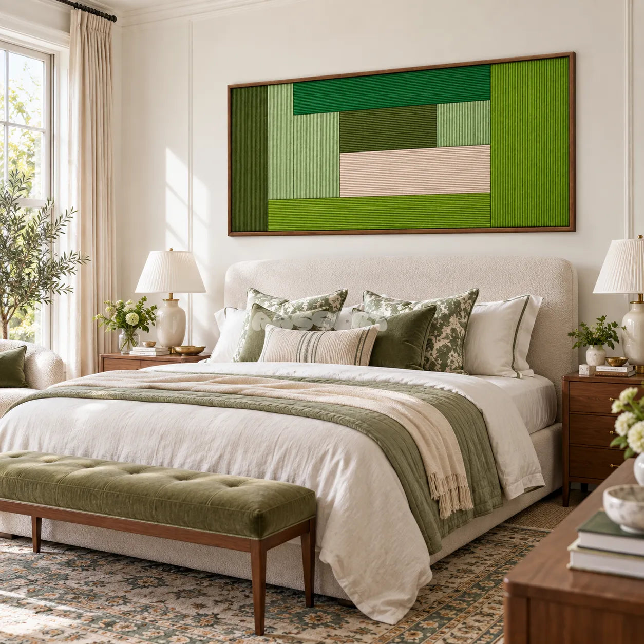 Lucerne Meadow RE061 green geometric fiber wall art displayed above a bed in a calm neutral bedroom
