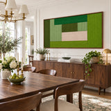 Lucerne Meadow RE061 geometric fiber wall art displayed above a sideboard in a sunlit dining room
