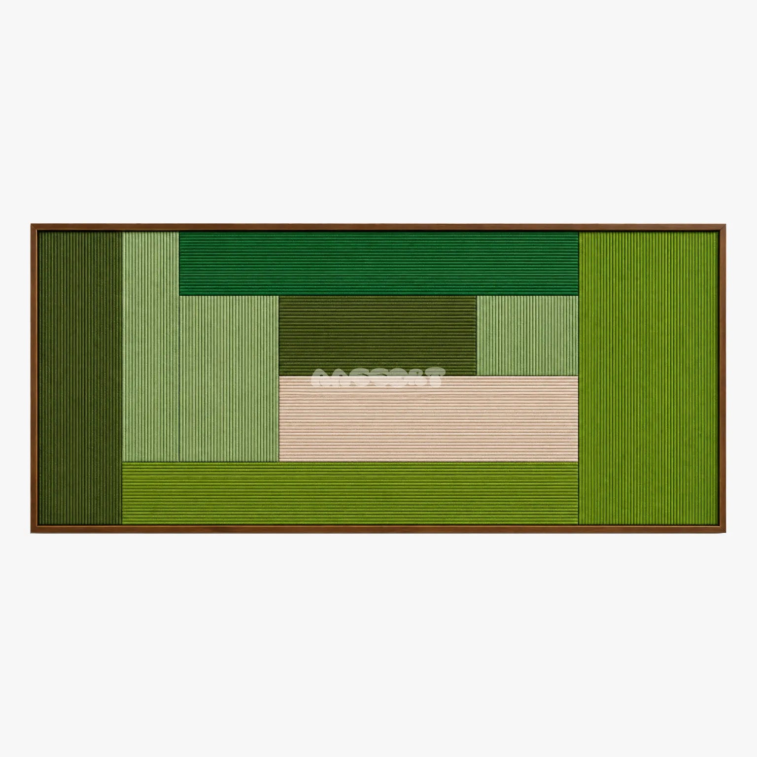 Front view of Lucerne Meadow RE061 framed geometric fiber wall art in forest green, olive, light green and pale blush