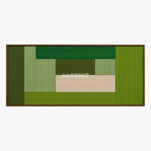 Front view of Lucerne Meadow RE061 framed geometric fiber wall art in forest green, olive, light green and pale blush