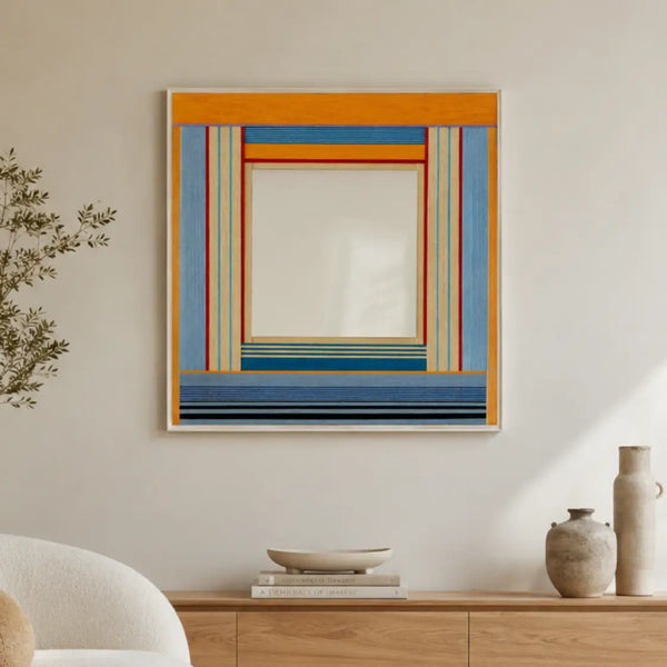 Square woven textile mirror creating a vibrant focal point in a neutral living room, hanging above a light oak sideboard styled with a ceramic bowl.