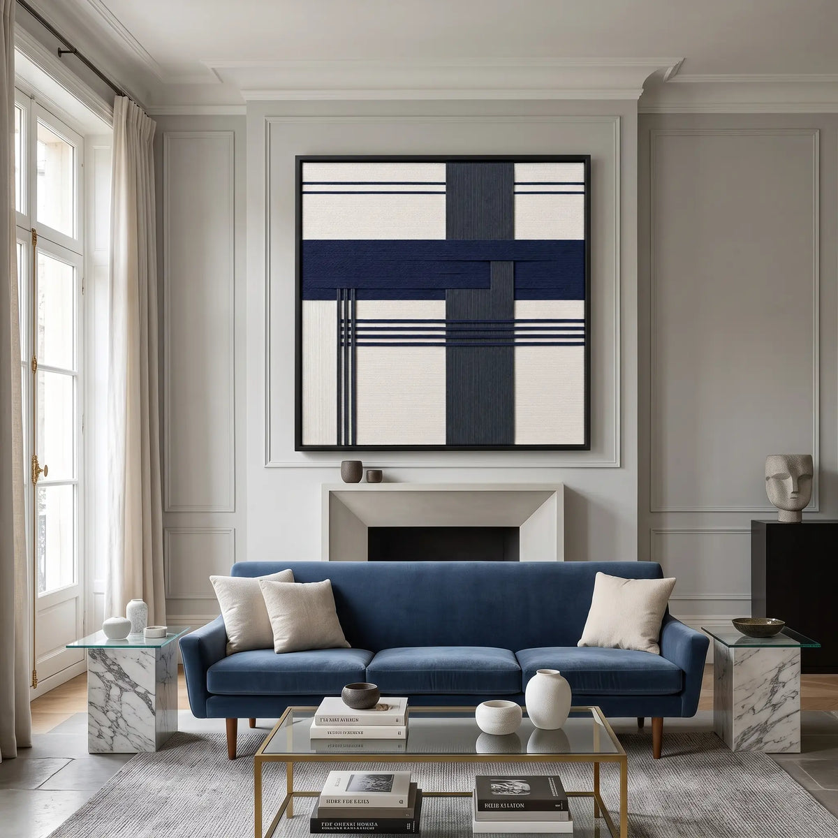 Framed Midnight Axis hand-woven wool tapestry displayed elegantly above a classic fireplace in a serene living space with blue accents.