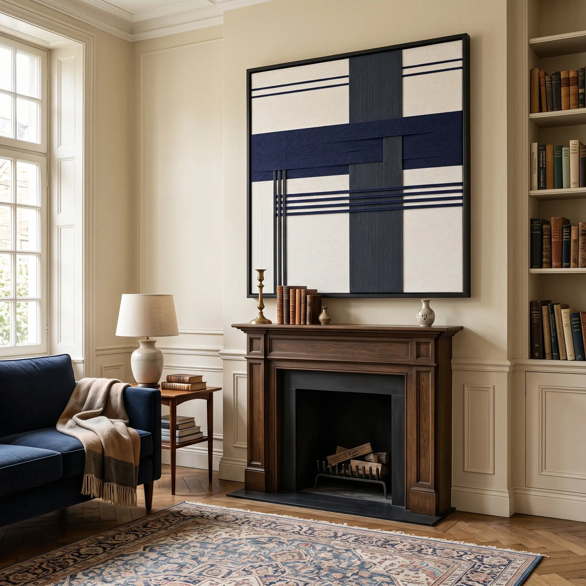 Frontal studio shot of the Midnight Axis square hand-woven wool tapestry showcasing geometric navy blue patterns in a black frame.