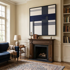 Frontal studio shot of the Midnight Axis square hand-woven wool tapestry showcasing geometric navy blue patterns in a black frame.