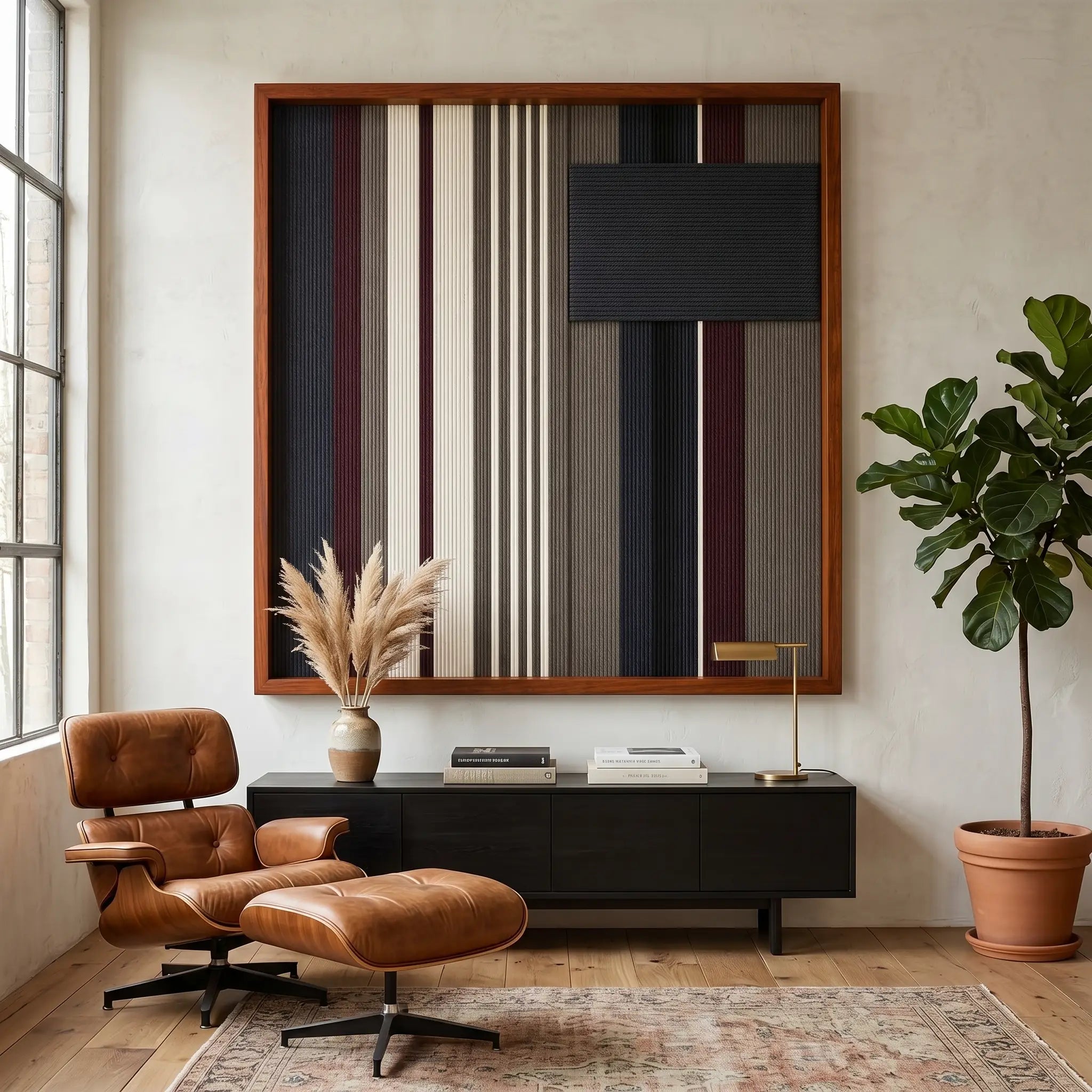 The Midnight Fjord hand-woven wool tapestry provides a dramatic focal point over a sleek black console table next to a mid-century leather lounge chair.
