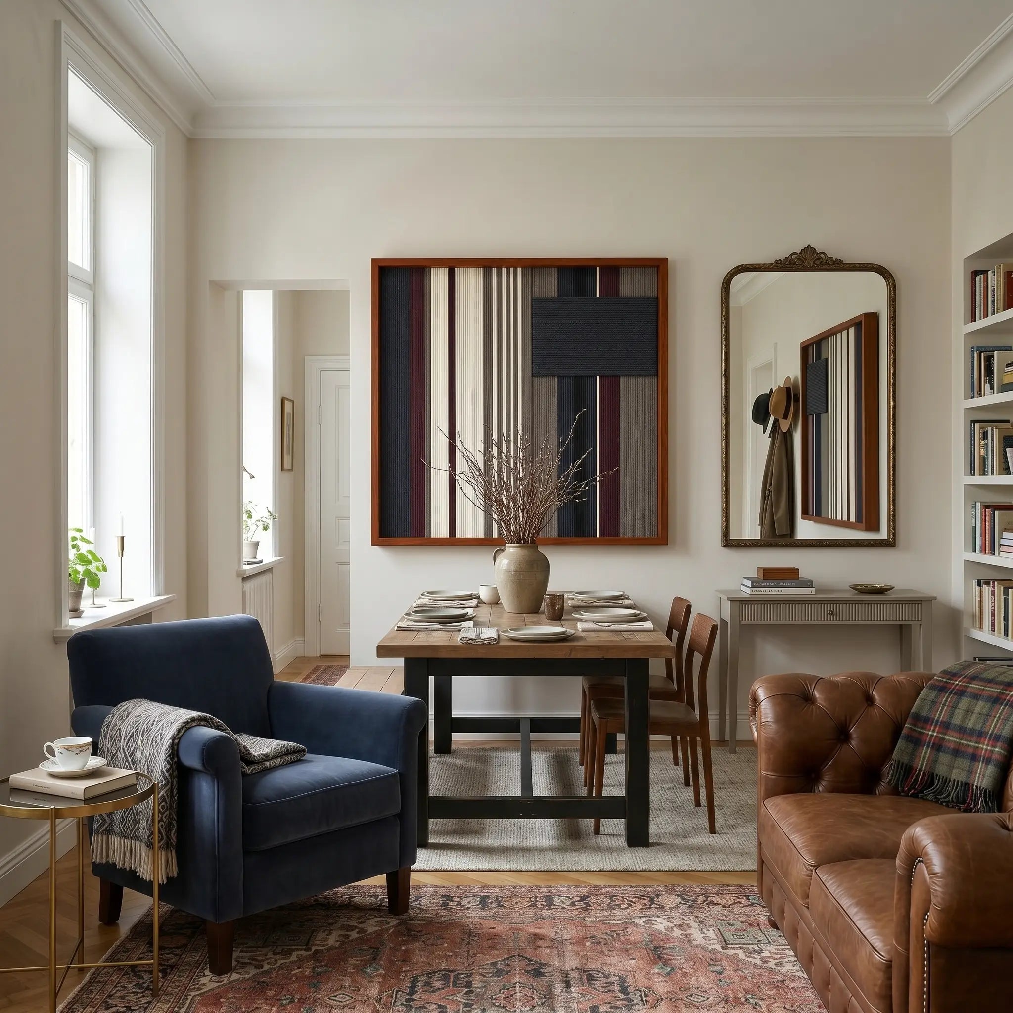 Beautiful framed hand-woven textile wall art styled elegantly in an eclectic living room featuring a navy blue armchair and a classic leather sofa.