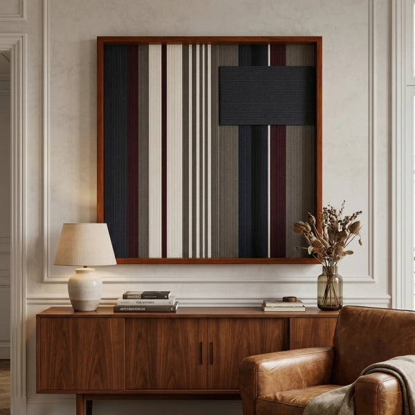 Large square Midnight Fjord hand-woven wall art hanging elegantly above a mid-century wooden credenza next to a brown leather armchair.