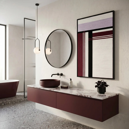 Luxury bathroom interior featuring the Midnight Opera wool wall art above a floating burgundy vanity and circular mirror.
